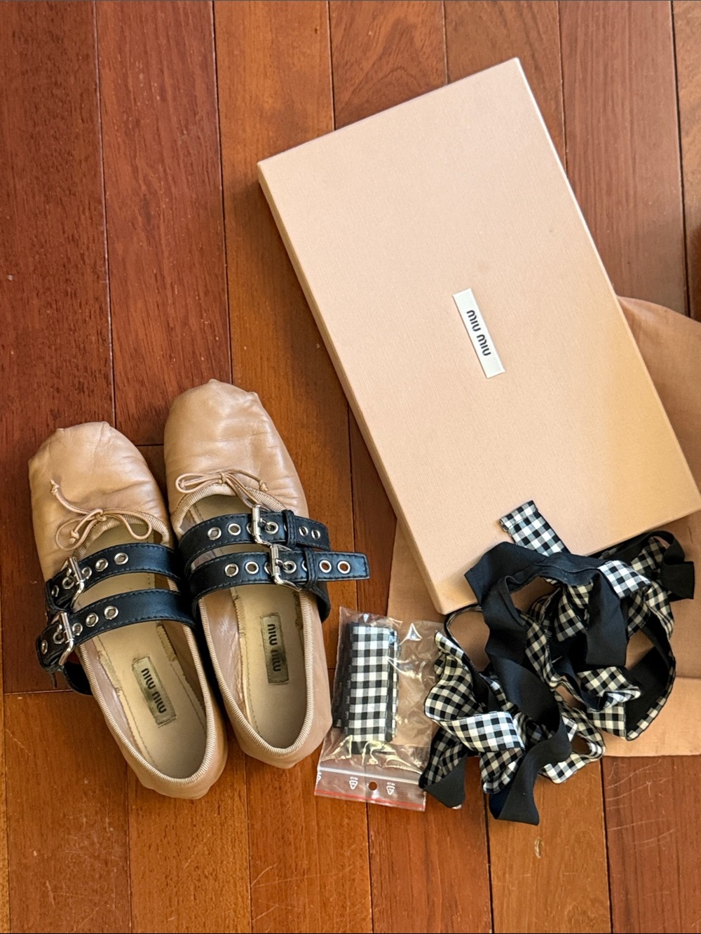 Miu Miu Leather Ballerina Flats with Black Straps